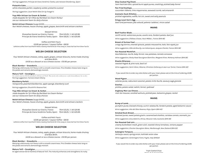 Ty'n Rhos Restaurant Menu