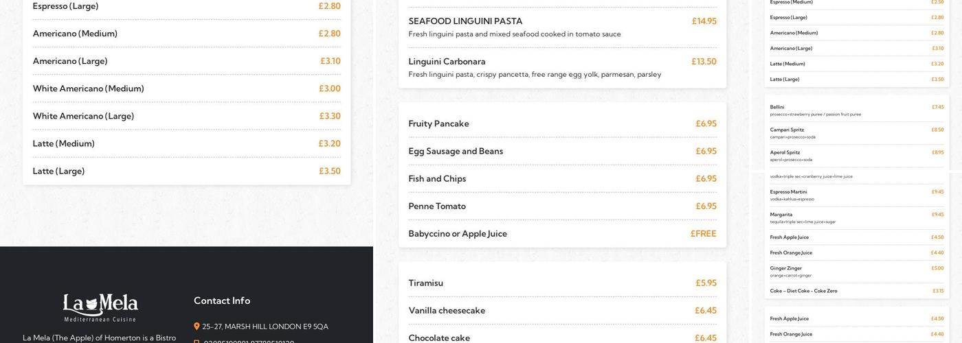 La Mela Bistro in Hackney Menu