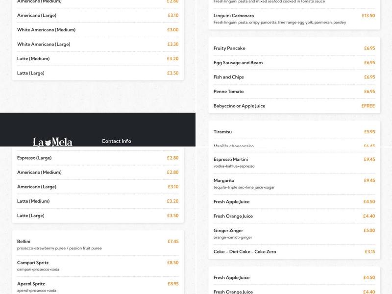 La Mela Bistro in Hackney Menu