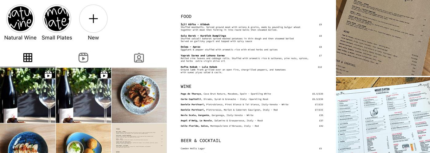 Mosaic Clapton wine bar Menu