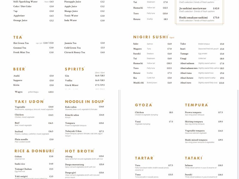 Hoshi Japanese Restaurant Menu