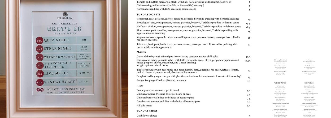 Royal Oak Pub & Guesthouse Menu