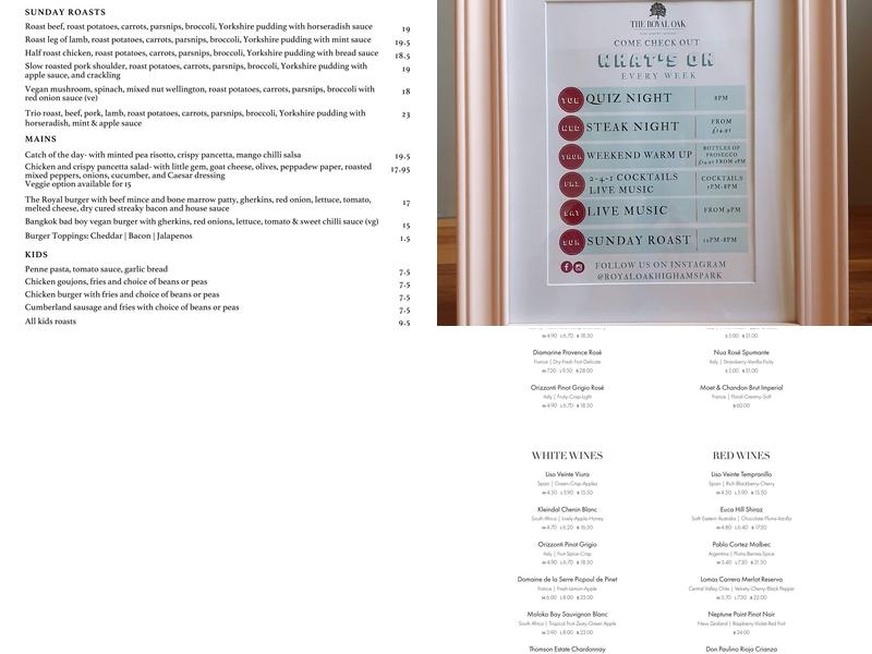 Royal Oak Pub & Guesthouse Menu