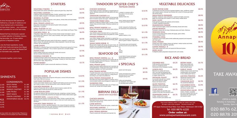 Annapurna Nepalese Restaurant Menu