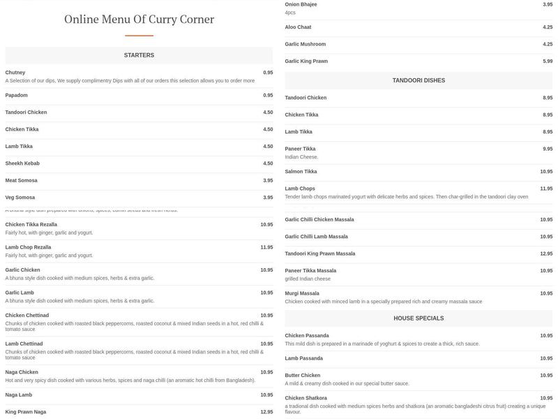 Curry Corner Menu