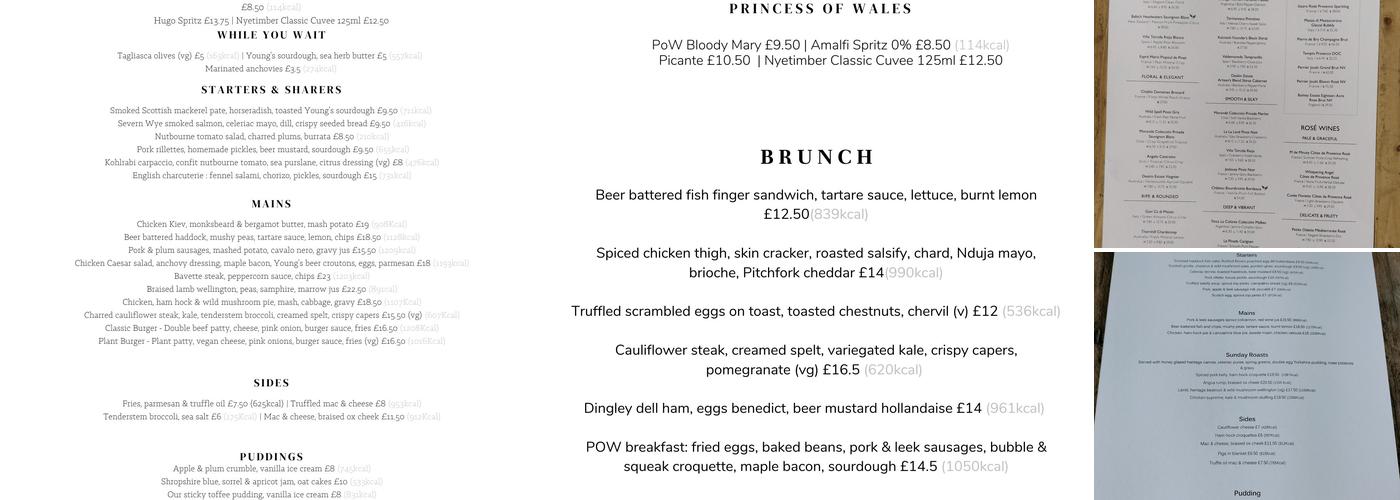 Princess of Wales Menu