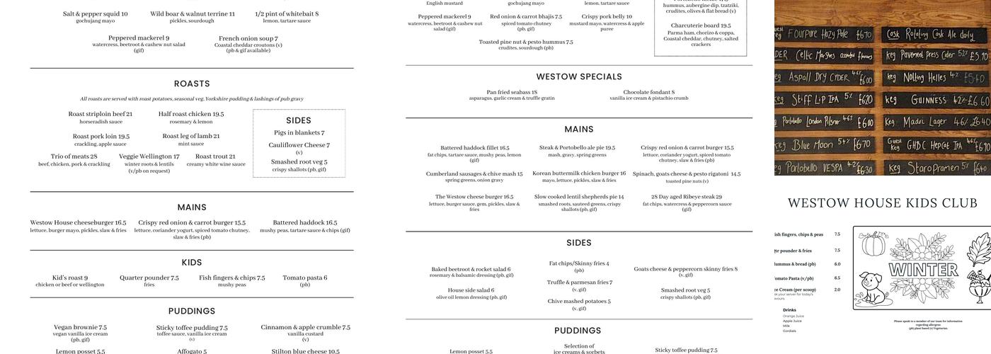 Westow House Pub & Hotel Menu