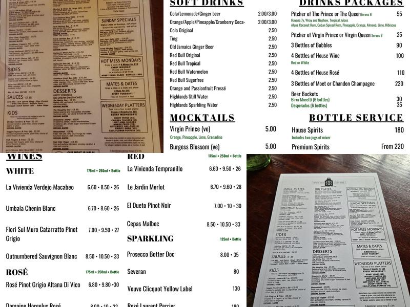 Prince of Peckham Pub Menu