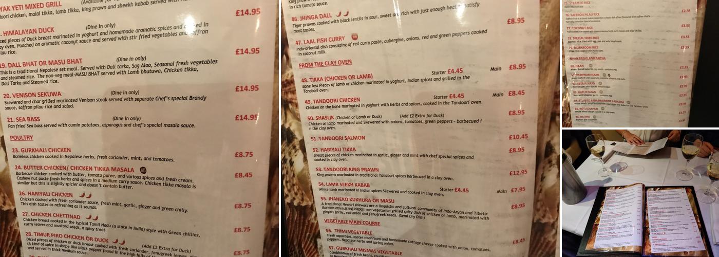 Yak & Yeti, Crystal Palace Menu