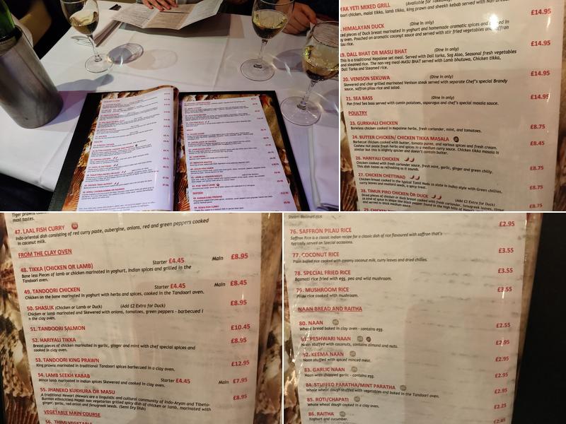 Yak & Yeti, Crystal Palace Menu