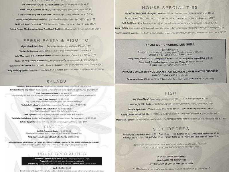 Cypriani's Menu
