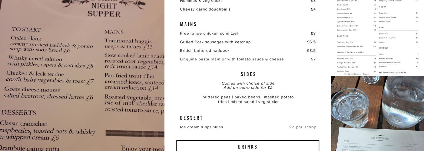 The Greyhound Sydenham Menu