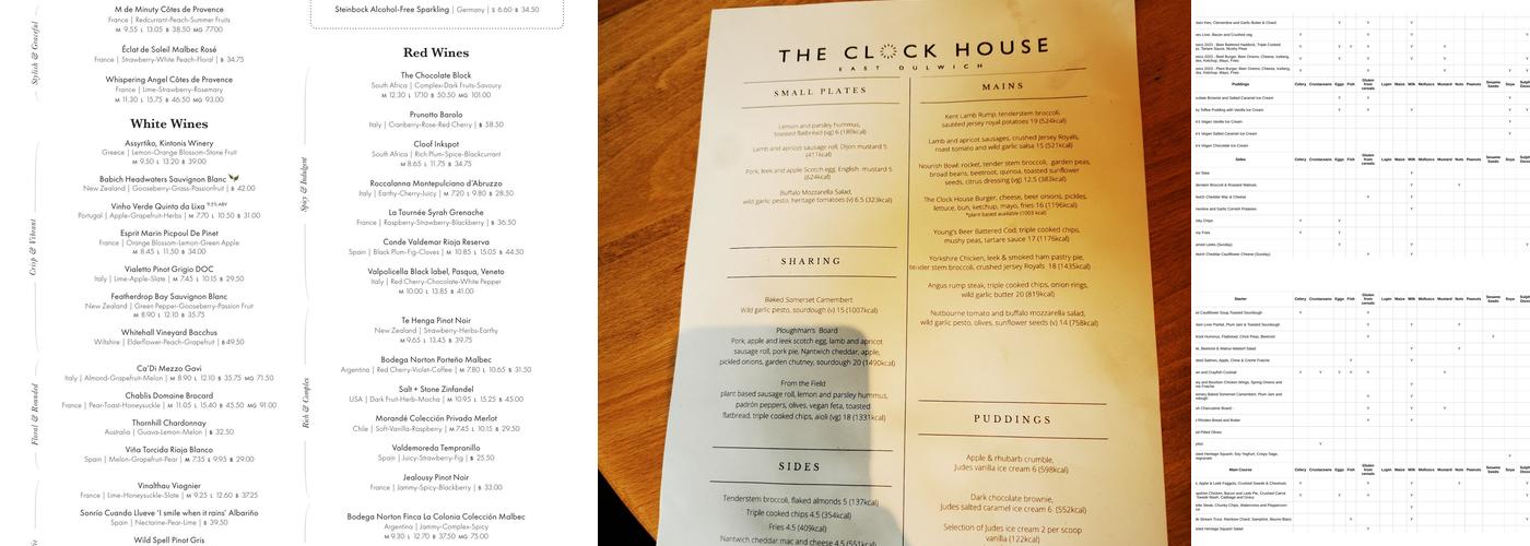 Clock House Tavern Menu