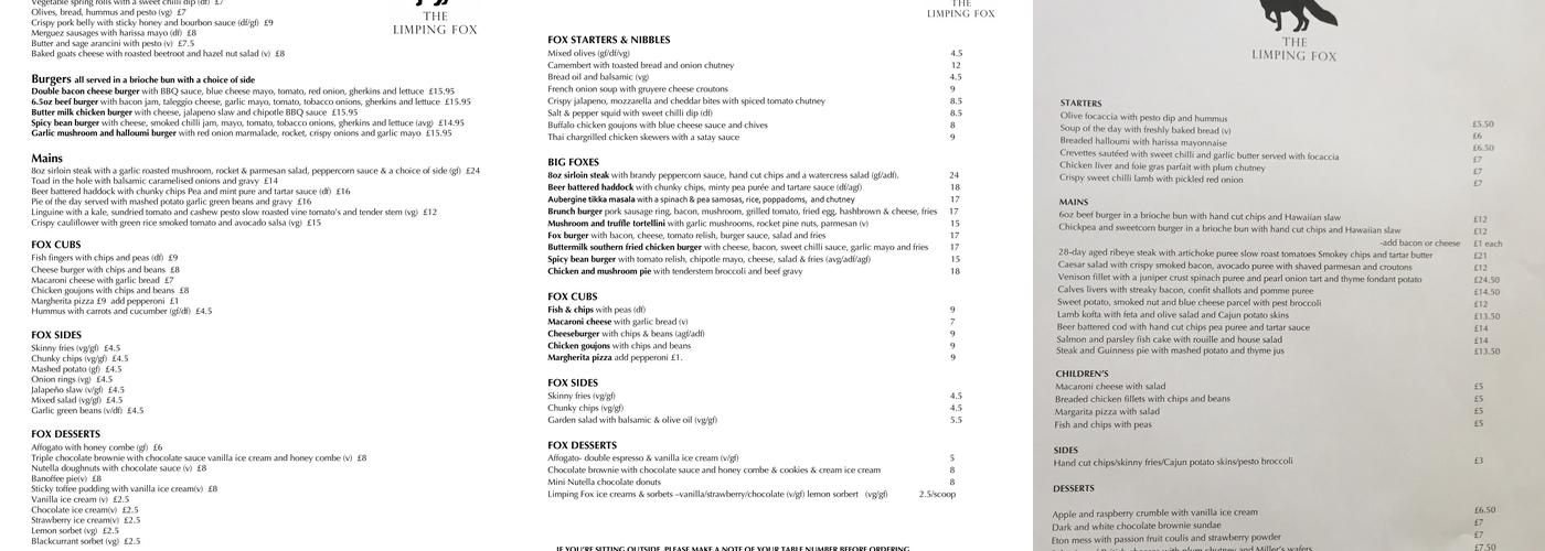 The Limping Fox Menu