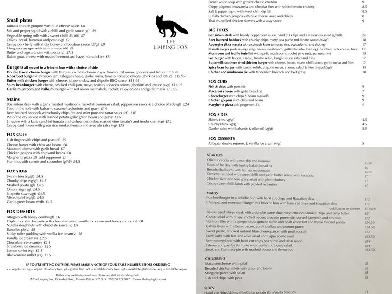 The Limping Fox Menu