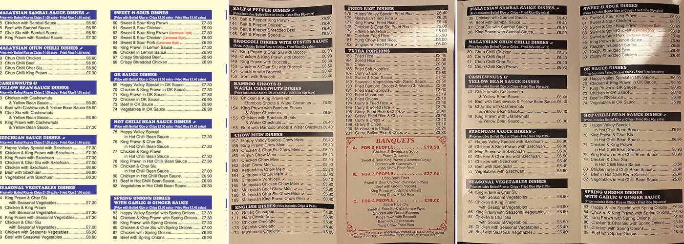 Happy Valley Takeaway Menu