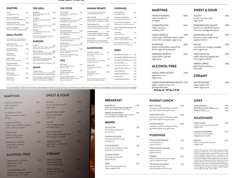 The Priory Menu