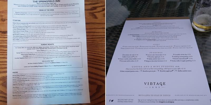 The Springfield Inn Menu