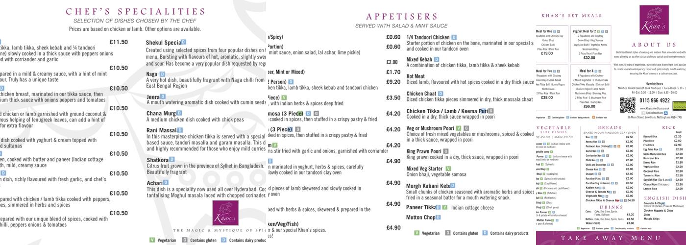 Khan’s Indian Takeaway Menu