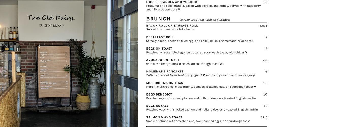 The Old Dairy Menu