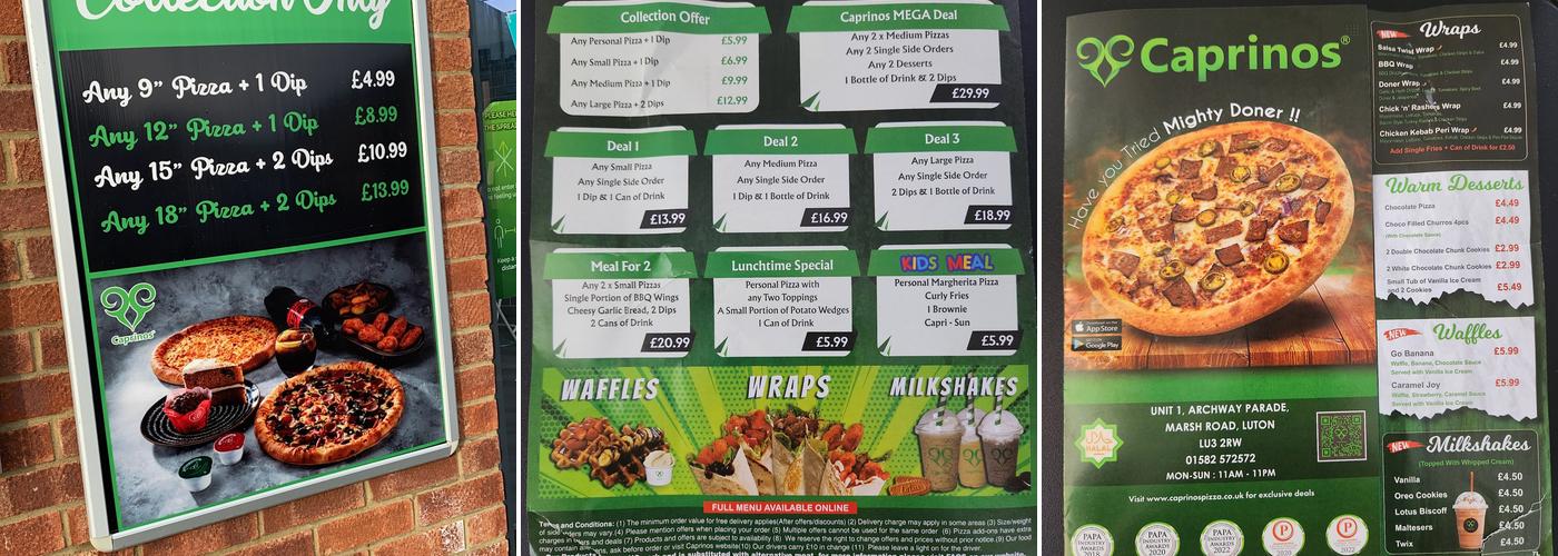 Caprinos Pizza Menu