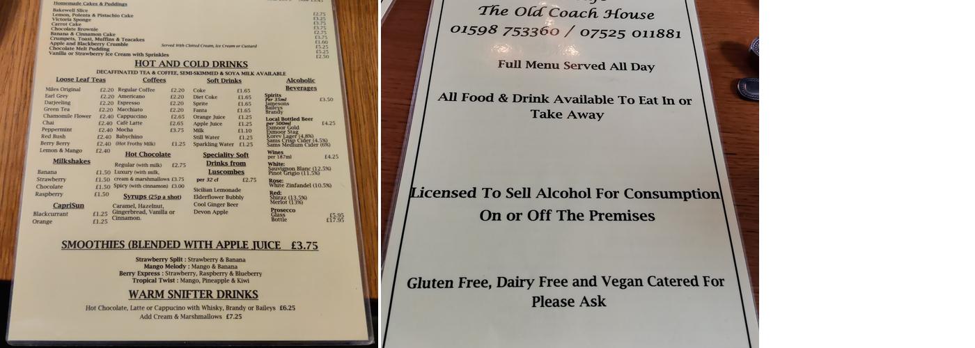 The Old Coach House ,Abi's Cafe Menu