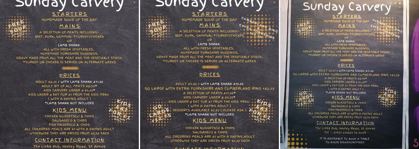 The Links pub Menu