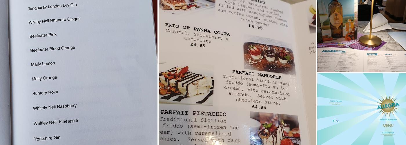 Allegria Italian Restaurant in Lytham St Annes Menu