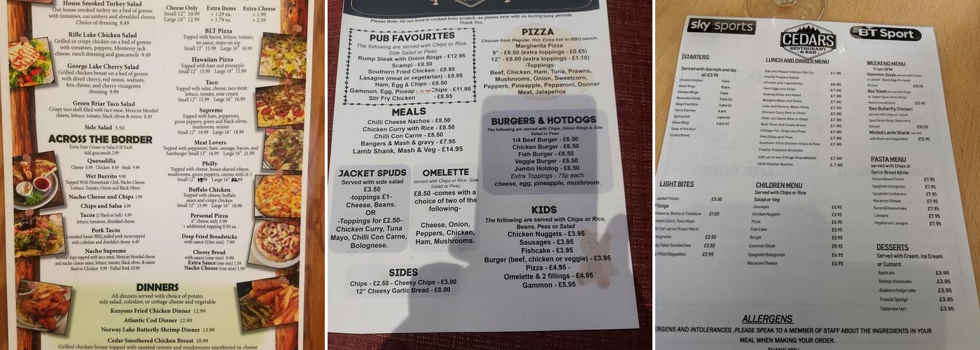 Cedars Bar And Restaurant Menu