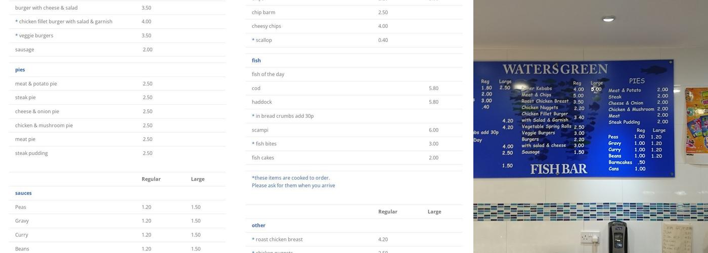 Waters Green Fish Bar Menu