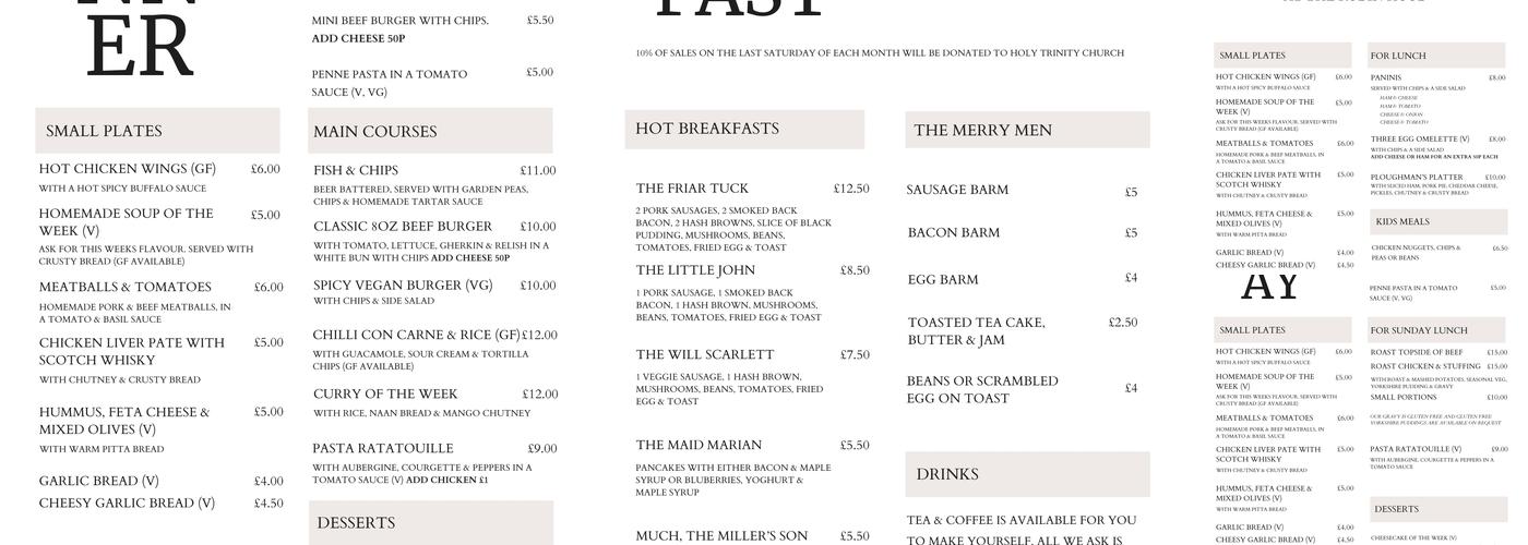 The Robin Hood Inn Menu