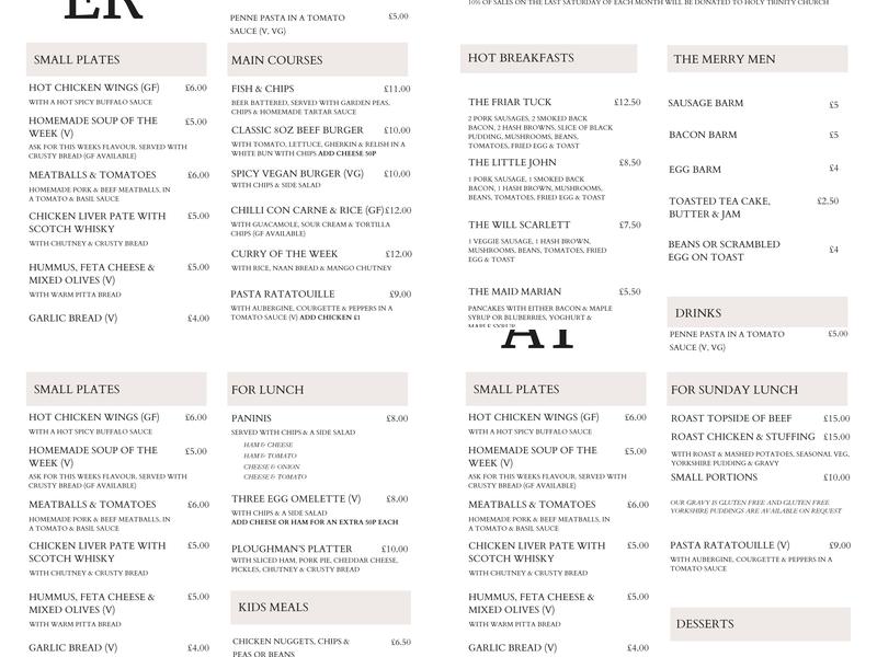 The Robin Hood Inn Menu