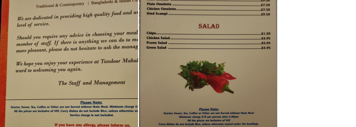 Tandoor Mahal Menu