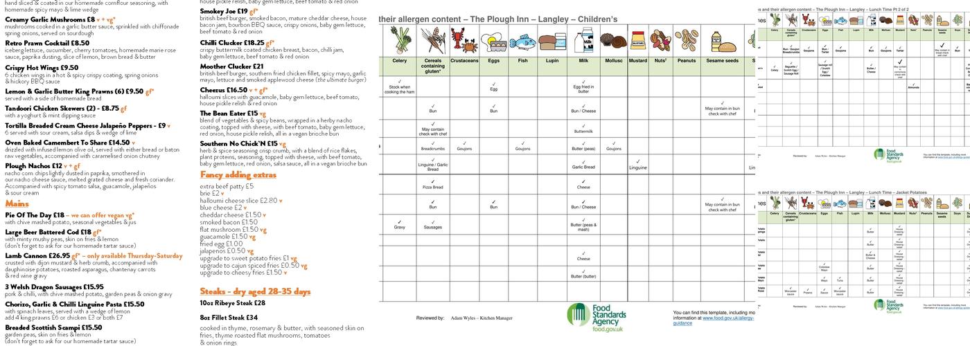 The Plough Langley Menu