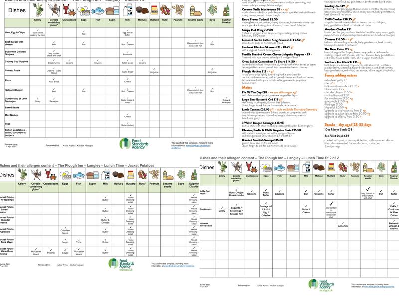 The Plough Langley Menu
