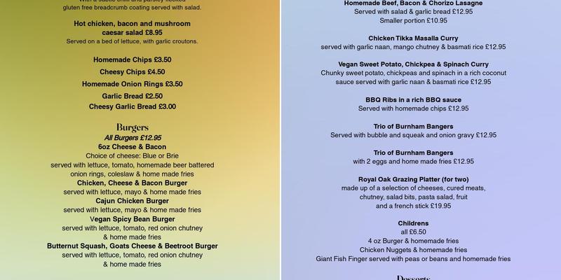 The Royal Oak Menu