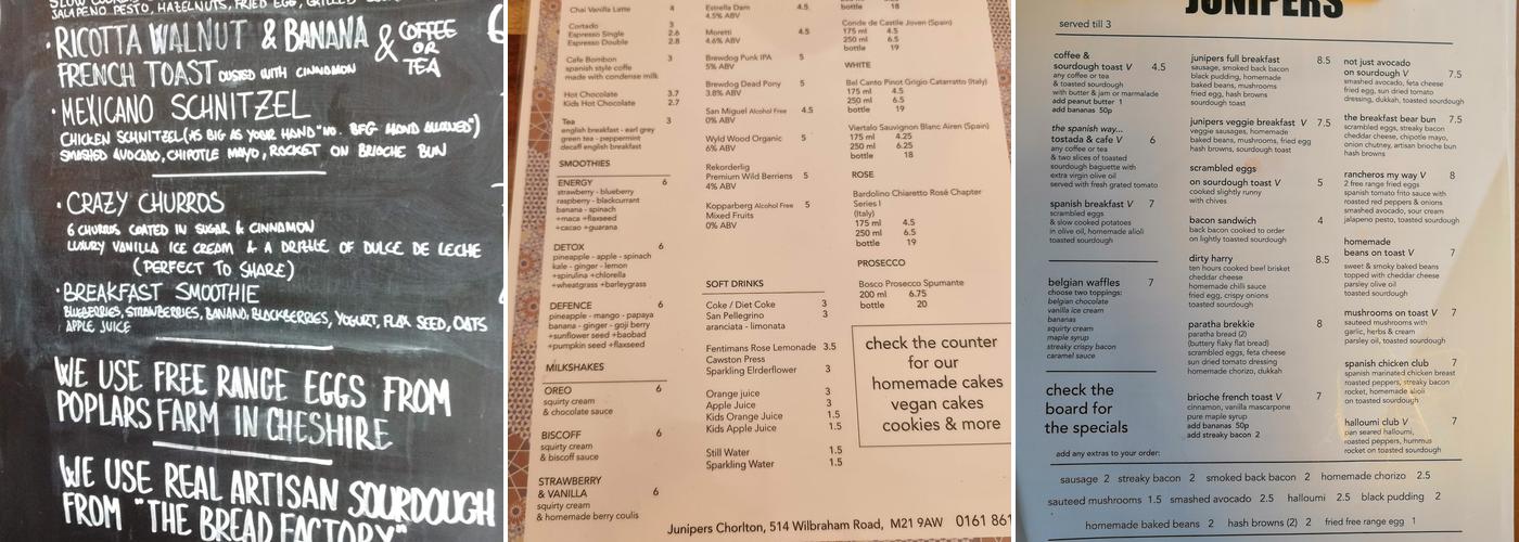 Junipers Coffee Shop Menu