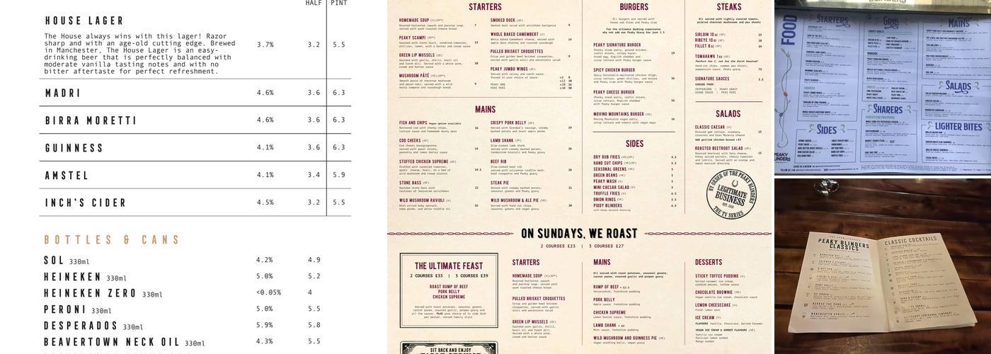 Peaky Blinders Manchester Menu