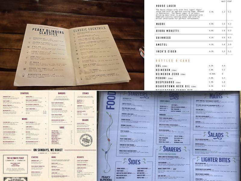 Peaky Blinders Manchester Menu