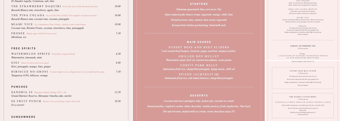 Sunset by Australasia Menu