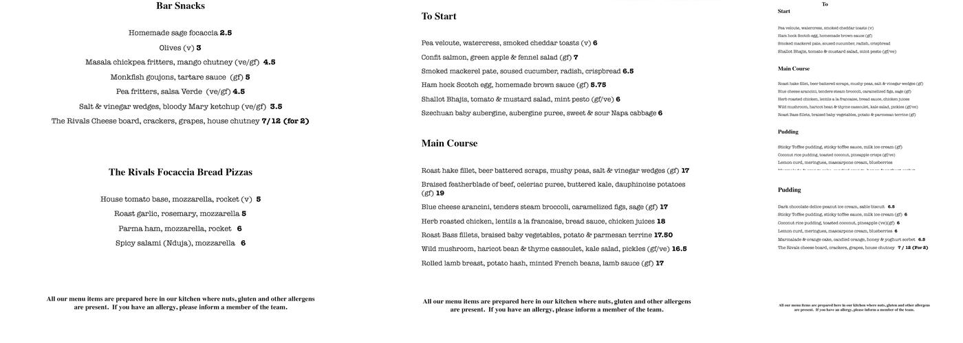 The Rivals Bar & Cafe Menu