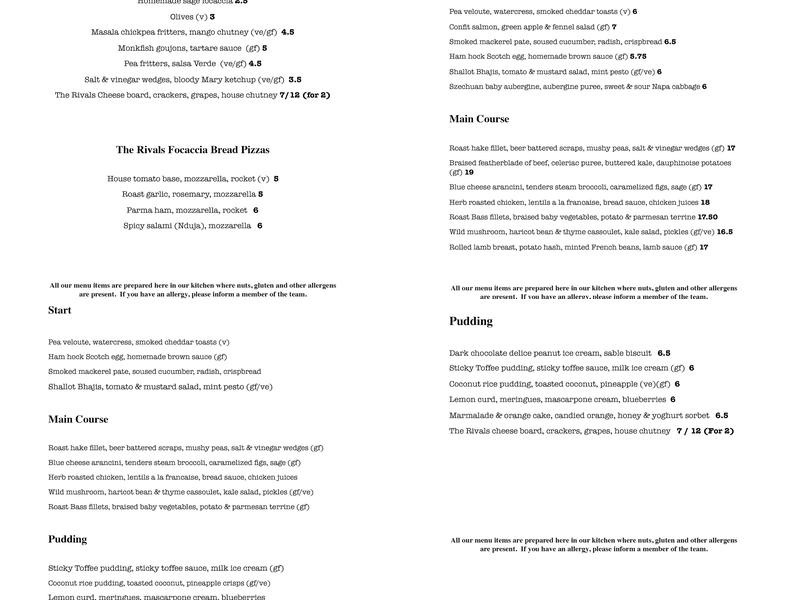 The Rivals Bar & Cafe Menu