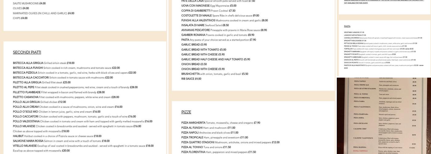 Valentino's Ristorante Pizzeria Menu