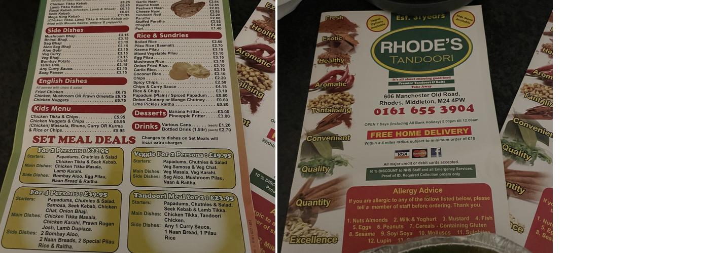 Rhodes Tandoori Menu