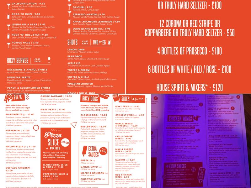 Roxy Ball Room Manchester Arndale Menu