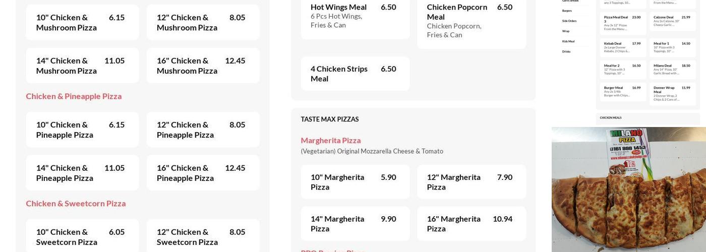 Milano Pizza Menu