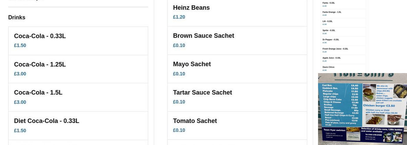 Town fryer chip shop Menu