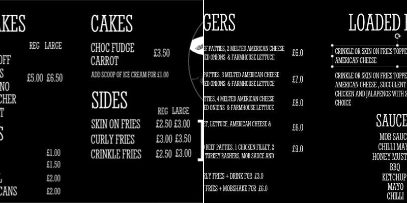 MOB BURGERS Menu