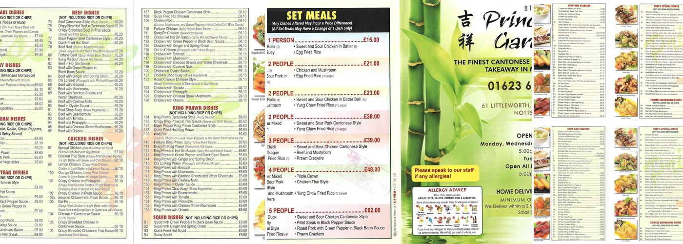 Princess Garden Chinese Takeaway Menu
