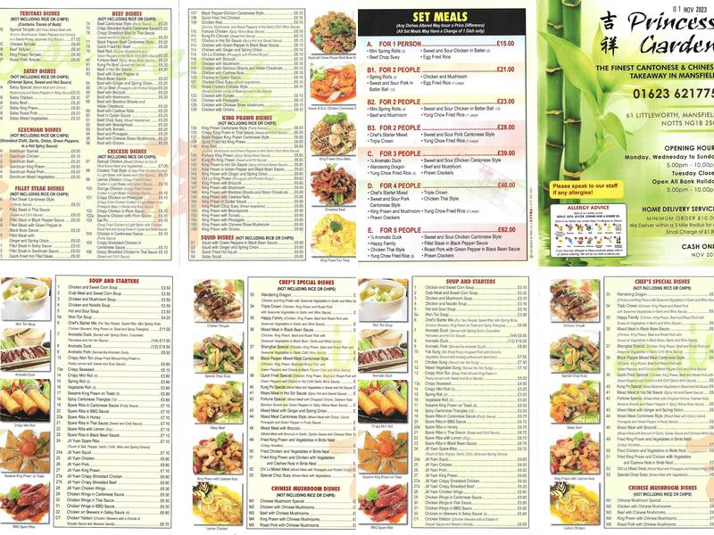 Princess Garden Chinese Takeaway Menu